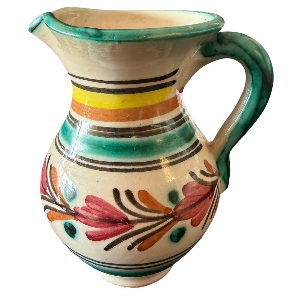 Artisan Hand Painted‎ Ceramic Floral Pitcher Italian Multicolor Vintage flawed